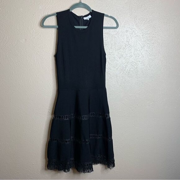 Parker serene leather fringe trim sleeveless fit flare skater dress black - Picture 3 of 9